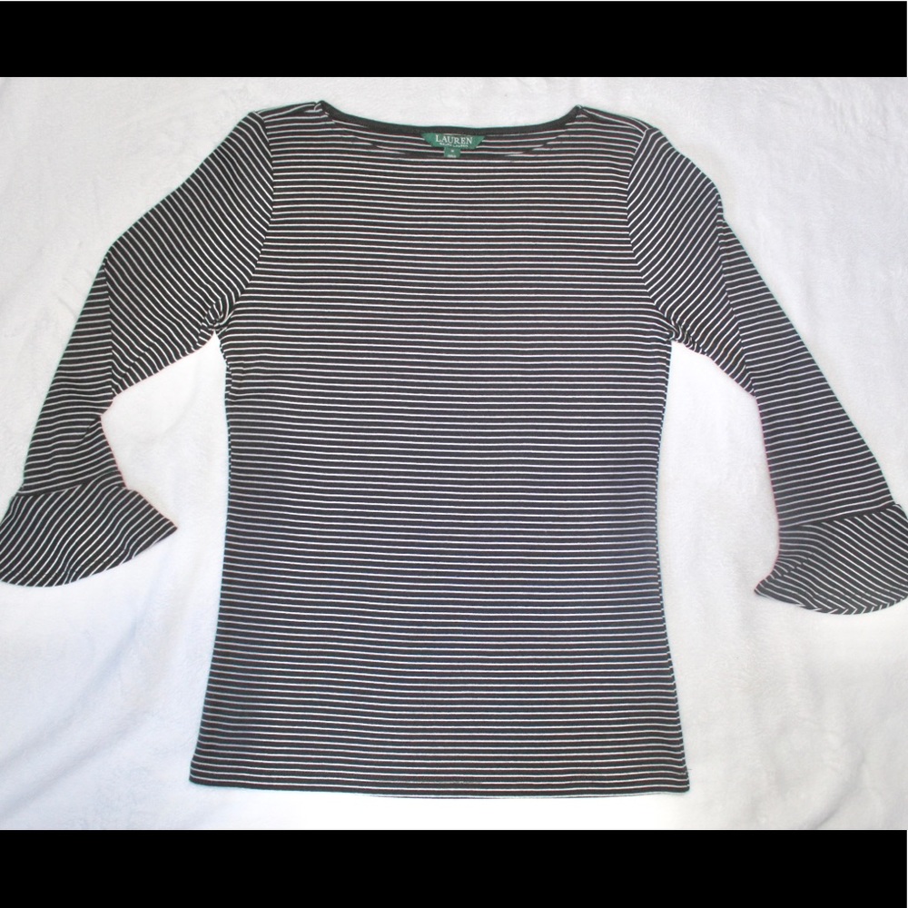 Lauren Black & White stripe Tulip sleeve Shirt
